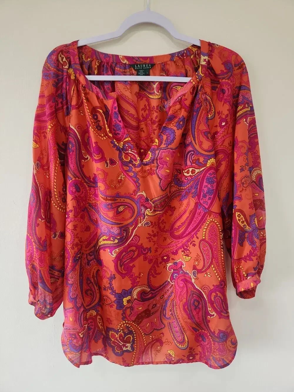 Lauren Ralph Lauren Silk Shirt Plus Large Floral Sheer Tunic Top Romantic READ